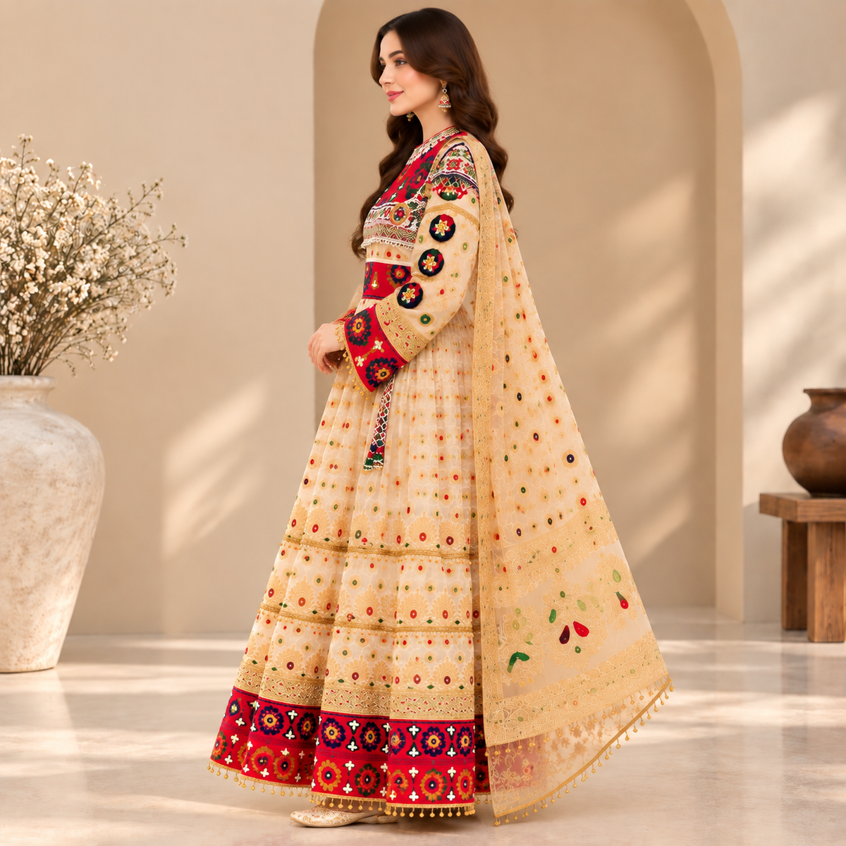 Afghan Traditional Ivory Embroidered Dress – Royal Maroon Heritage Lehenga Suit