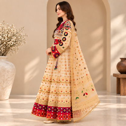 Afghan Traditional Ivory Embroidered Dress – Royal Maroon Heritage Lehenga Suit