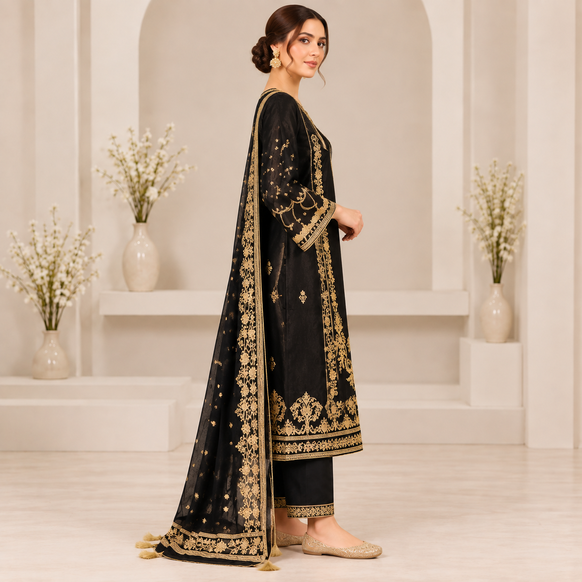 Noir Royale Gold Embroidered 3-Piece Suit