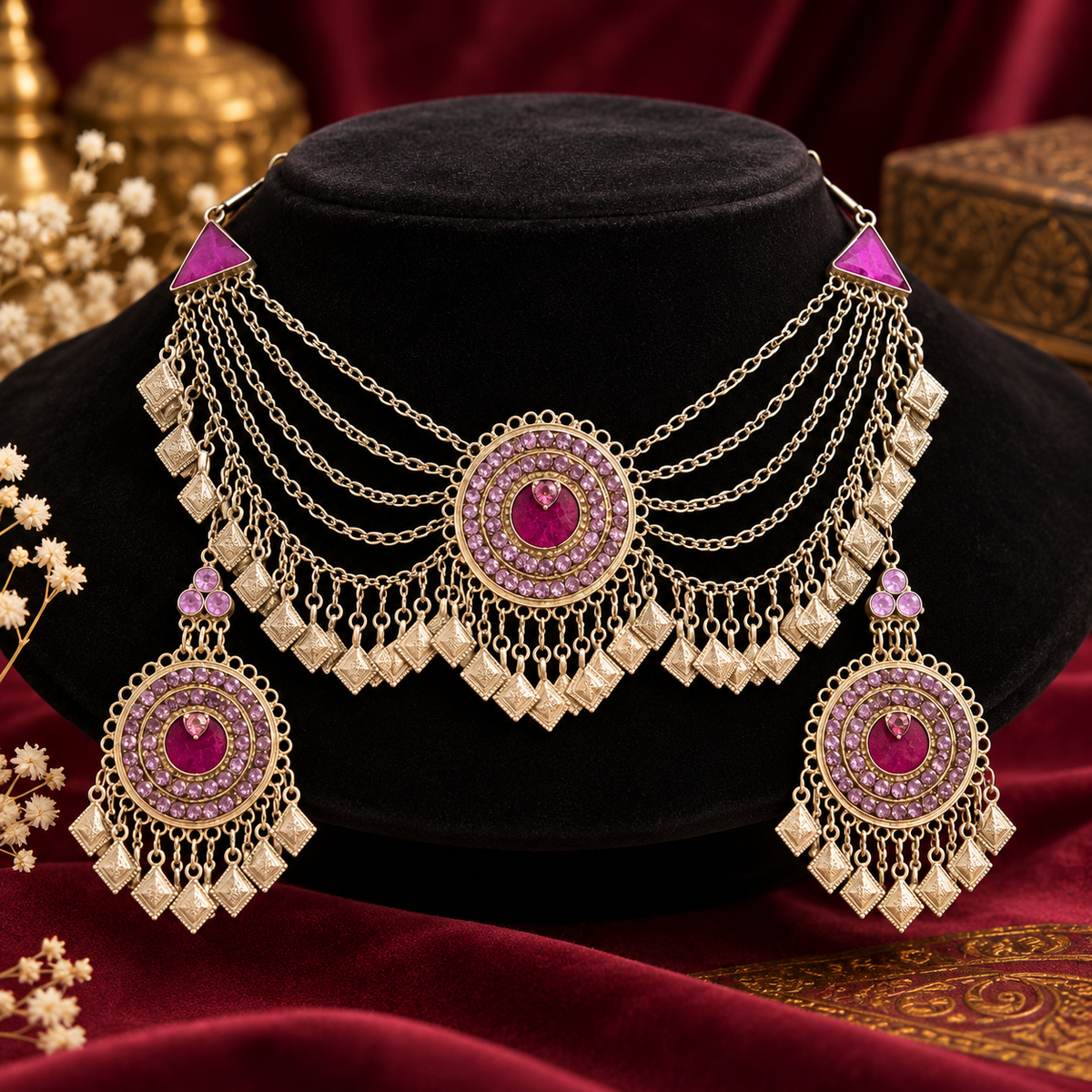 Luxury Magenta &amp; Lavender Gold Bridal Matha Patti Jewelry Set
