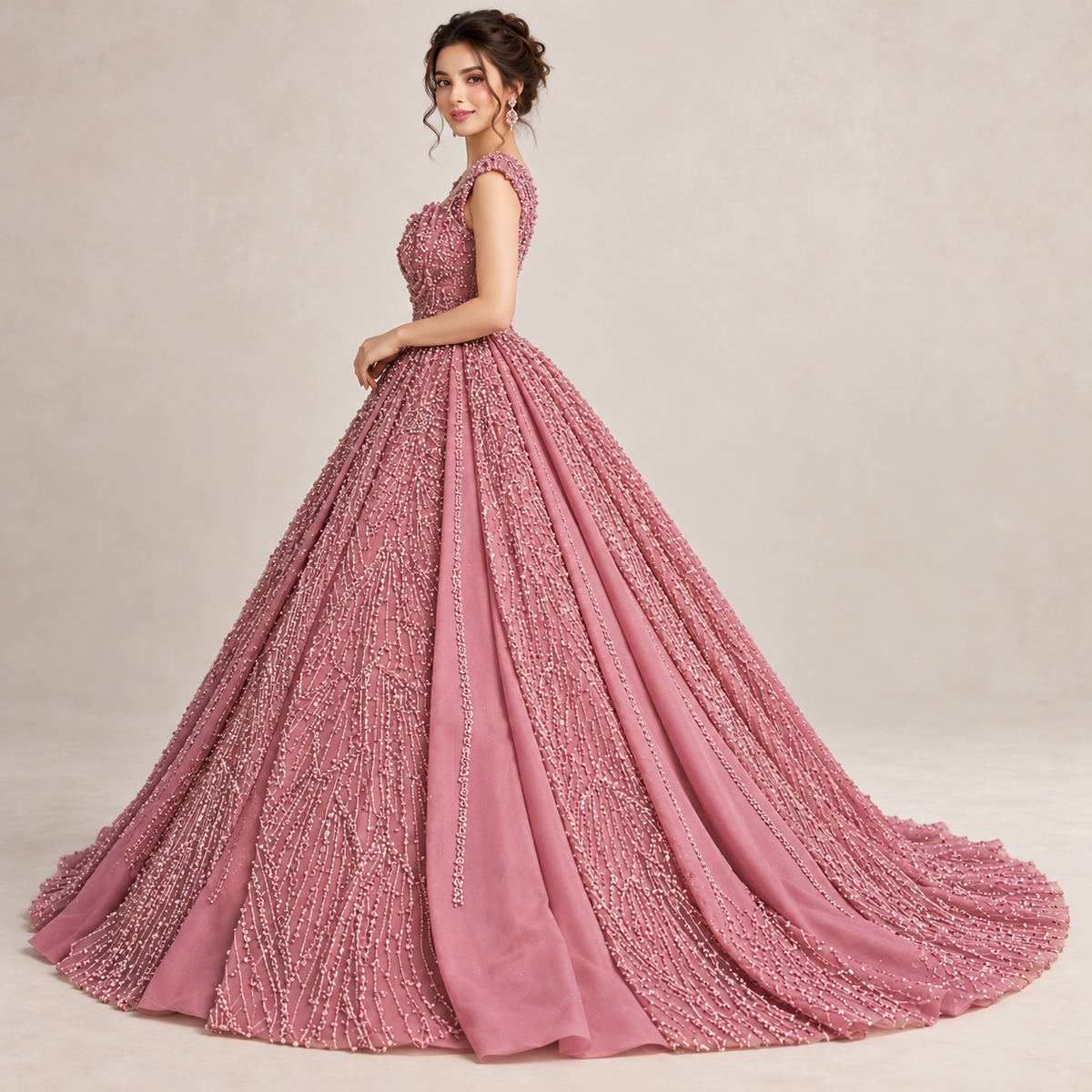 Luxury Dusty Rose Pink Embellished Maxi Dress – Elegant Princess Style