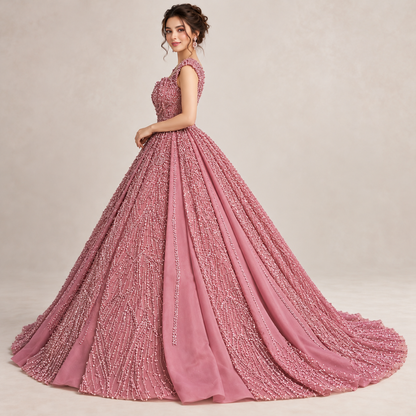 Luxury Dusty Rose Pink Embellished Maxi Dress – Elegant Princess Style