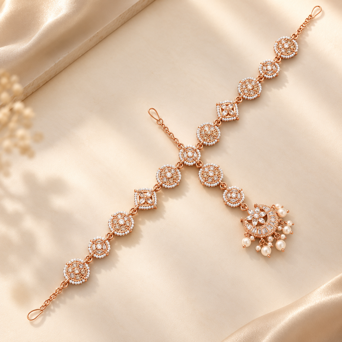 Luxury Rose Gold &amp; Pearl Bridal Matha Patti Headpiece