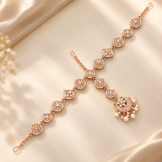 Luxury Rose Gold &amp; Pearl Bridal Matha Patti Headpiece