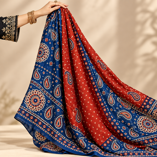 Royal Blue & Rust Ajrak Paisley Dupatta