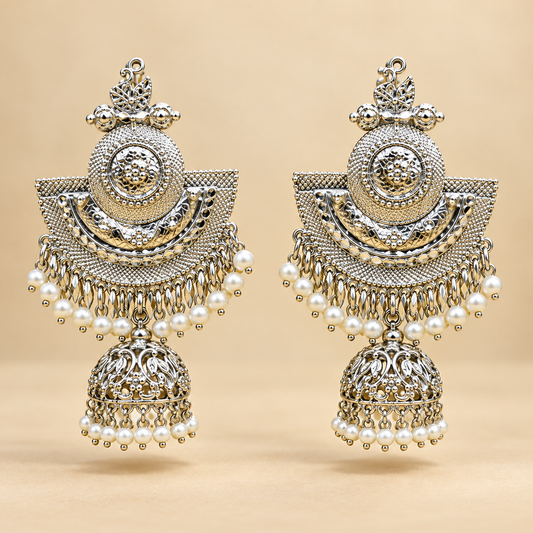 Luxury Antique Silver Handmade Pearl Jhumka Chandelier Earrings