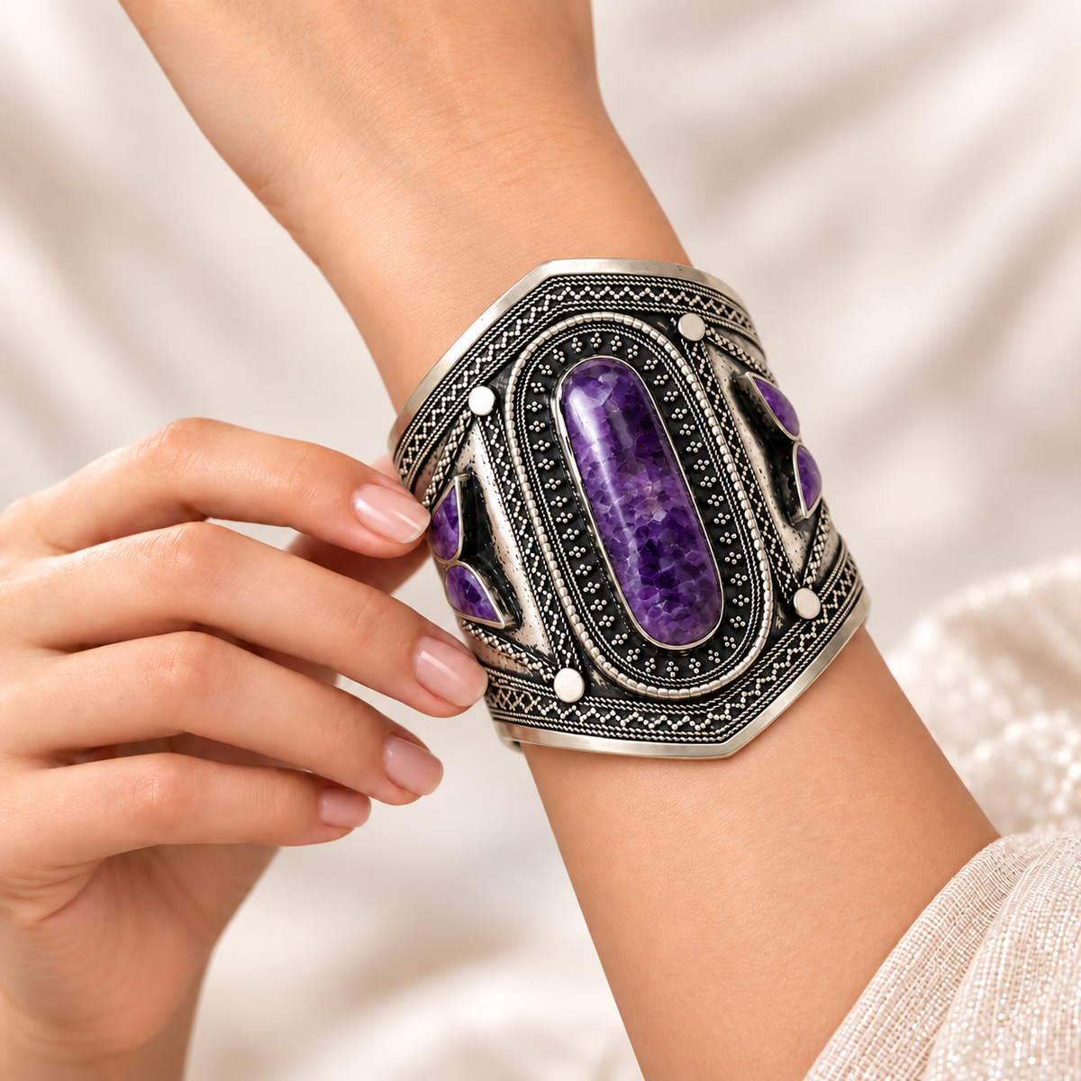 Antique Silver Purple Amethyst-Style Statement Cuff Bracelet