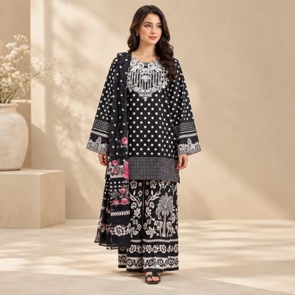 Noir Rose Polka Embroidered 3-Piece Suit
