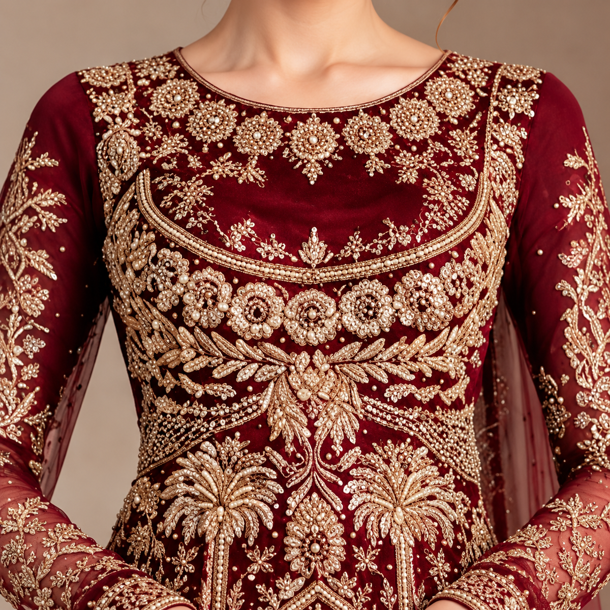 Royal Burgundy &amp; Gold Embroidered Bridal Lehenga Gown