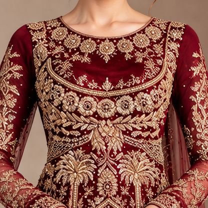 Royal Burgundy &amp; Gold Embroidered Bridal Lehenga Gown