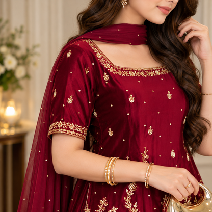 Royal Burgundy – Gold Embroidered Traditional Ensemble