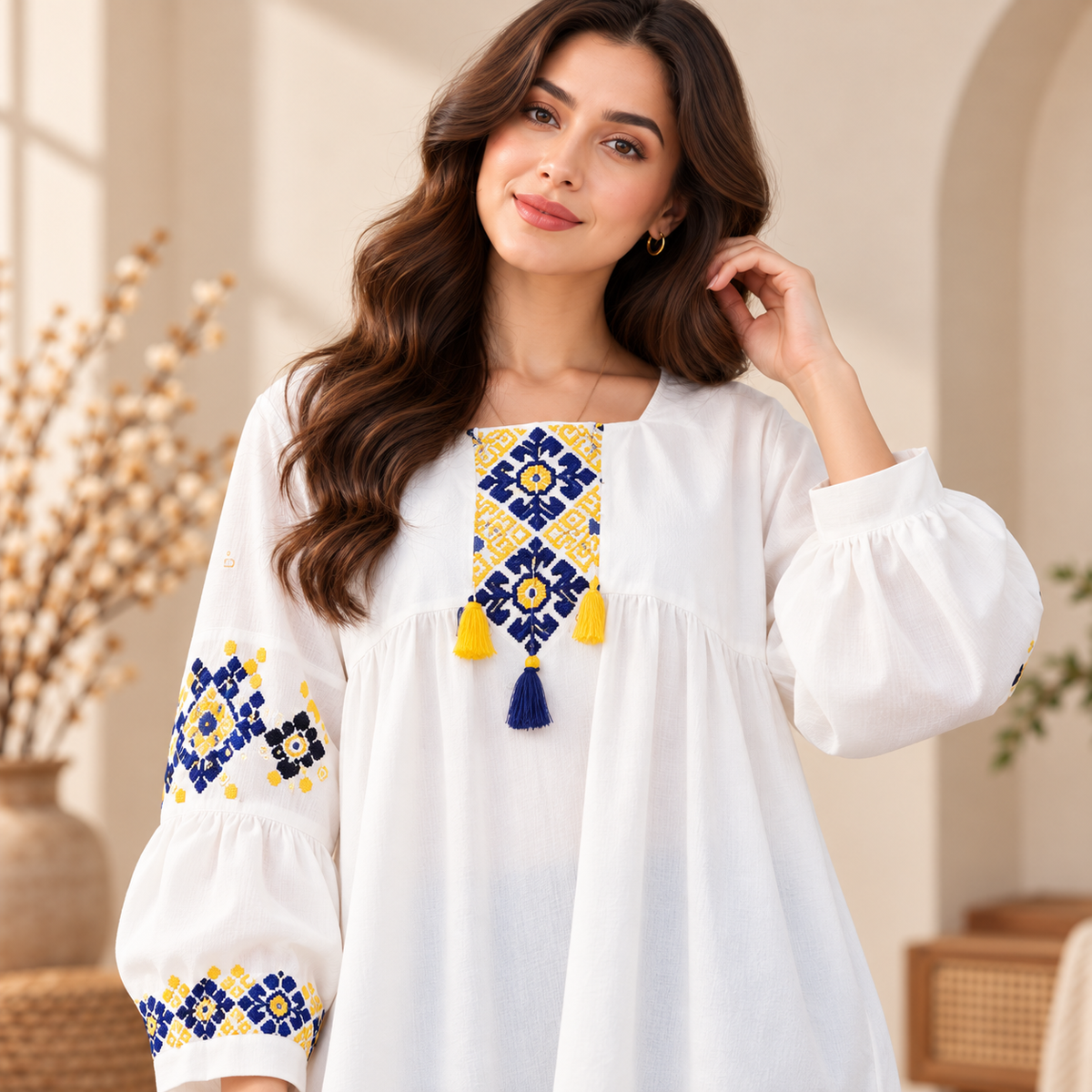 Women's White Boho Blue & Yellow Embroidered Tassel Tunic Top