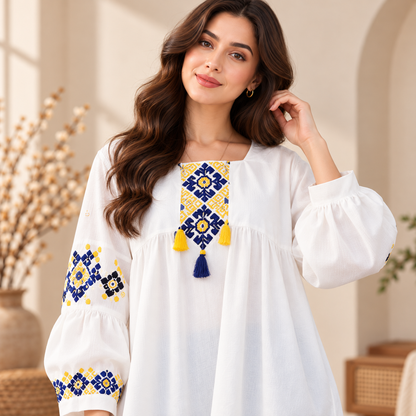 Women's White Boho Blue & Yellow Embroidered Tassel Tunic Top