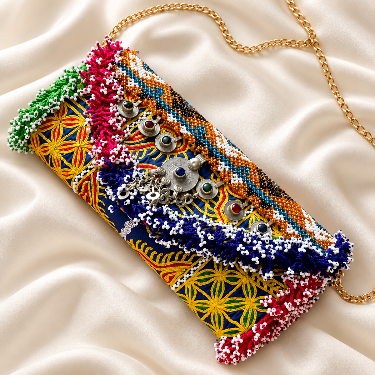 Royal Blue Handmade Embroidered Clutch Bag with Multicolor Beadwork, Silver Charms & Gold Chain
