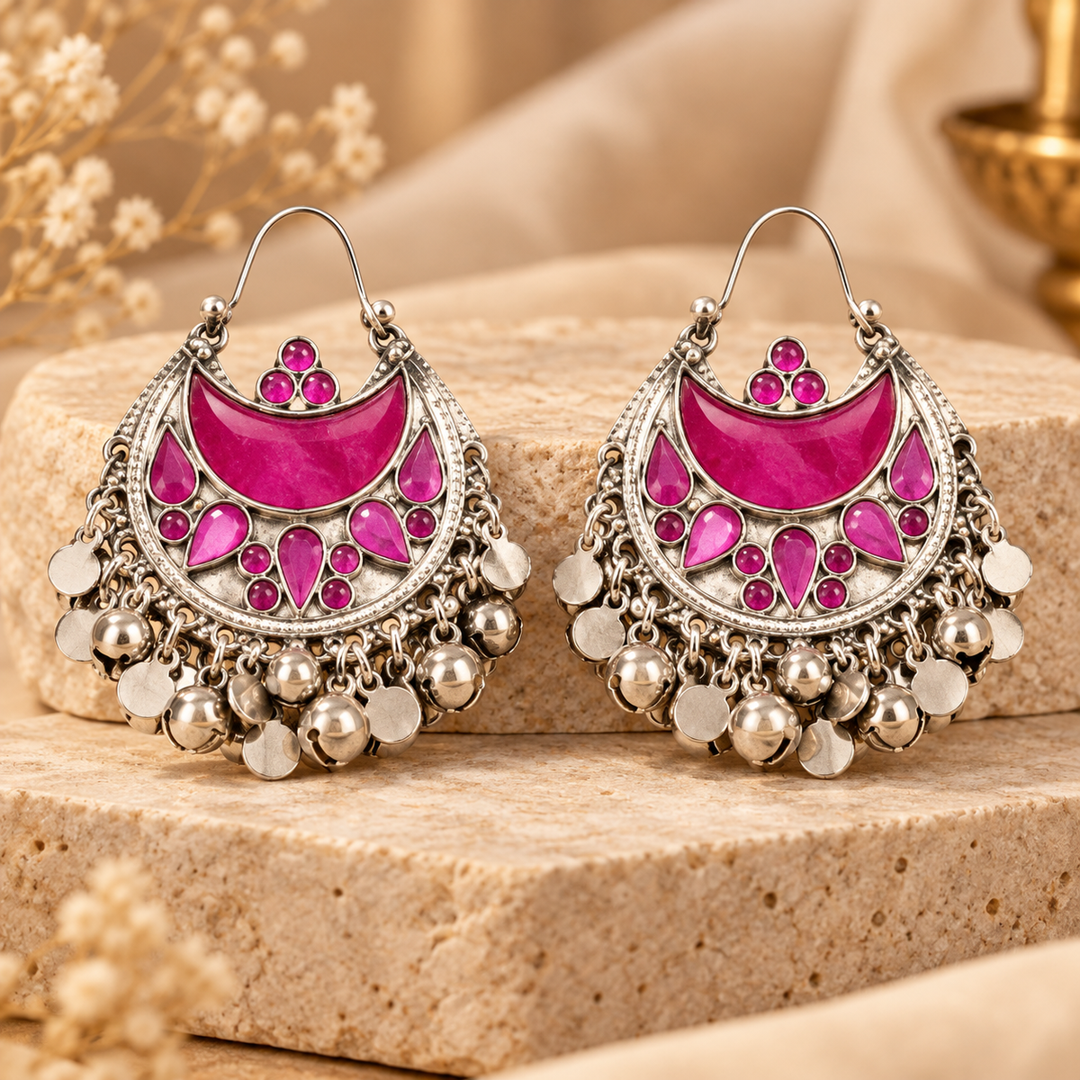 Antique Silver Magenta Pink Crescent Chandbali Earrings with Bell Danglers