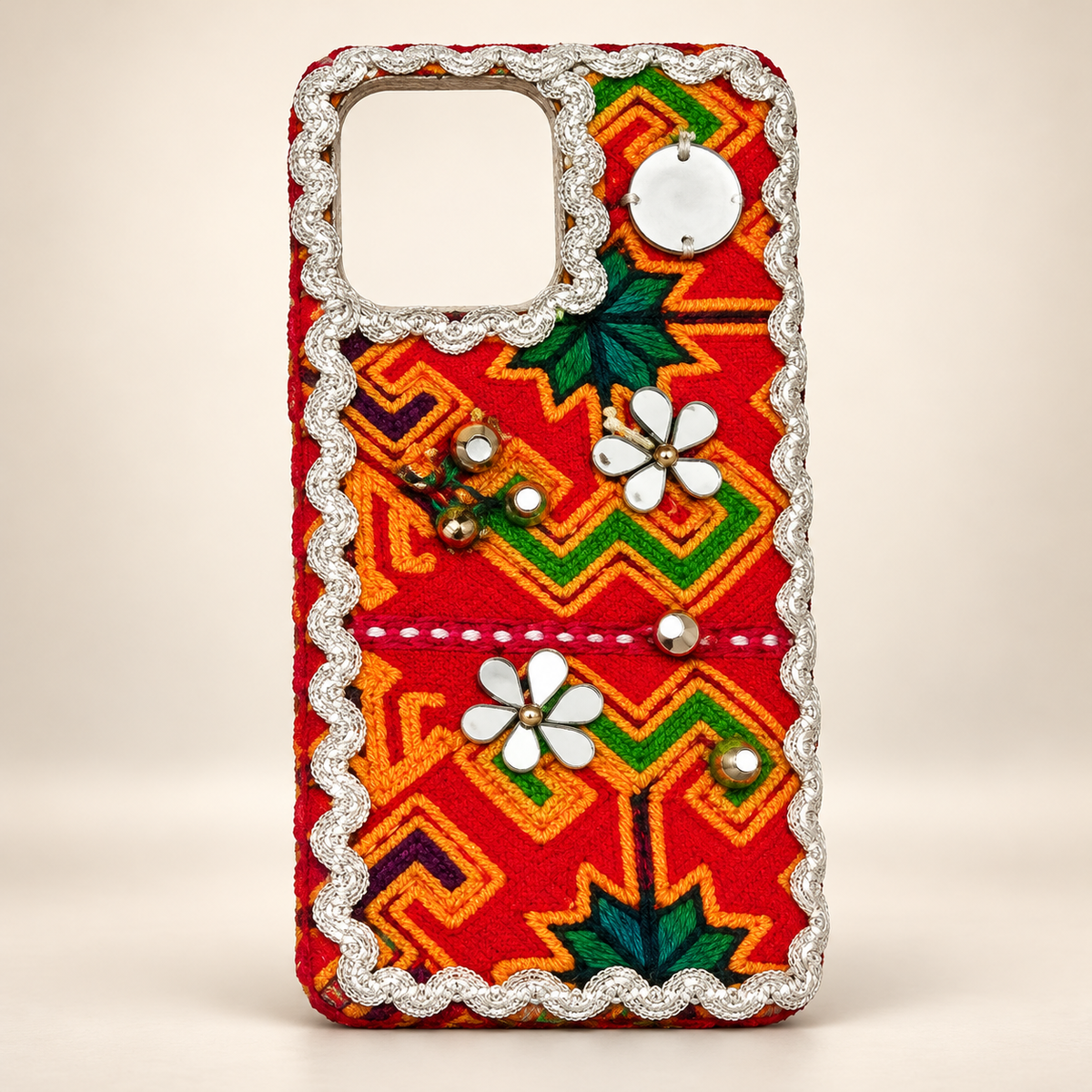 Traditional Red Handmade Embroidered Mobile Cover with Silver Mirror Flowers & Braided Trim