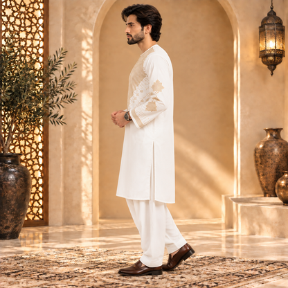 Afghan Traditional White Embroidered Kurta Shalwar – Royal Gold Heritage Wear