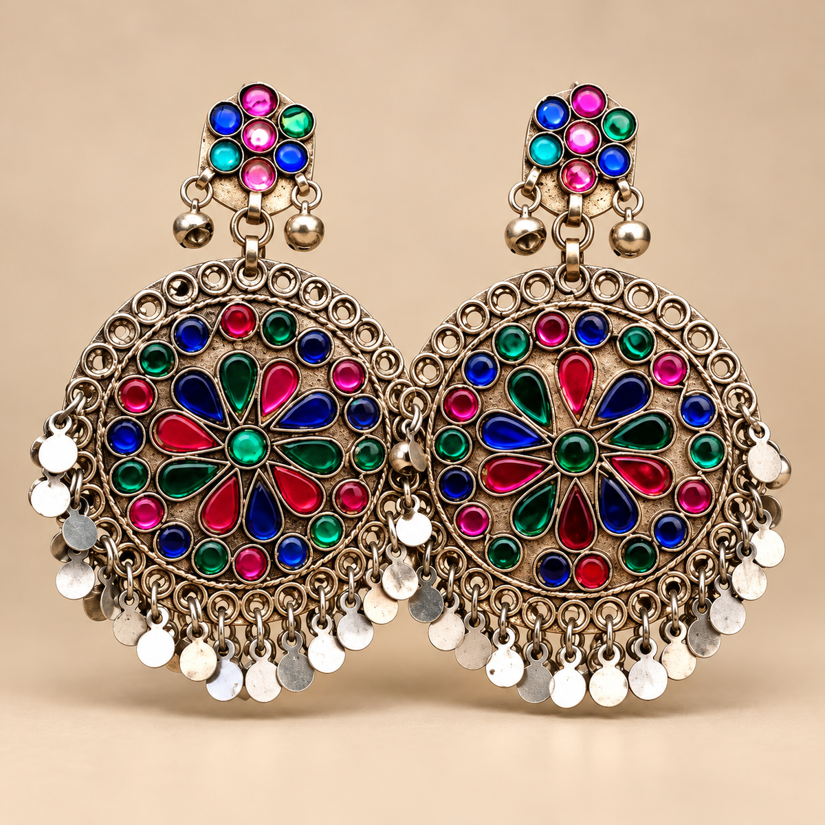 Luxury Multicolor Antique Gold Handmade Floral Chandbali Earrings