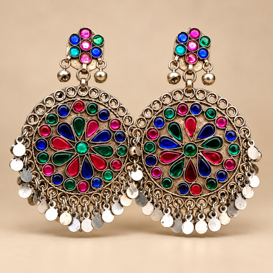 Luxury Multicolor Antique Gold Handmade Floral Chandbali Earrings