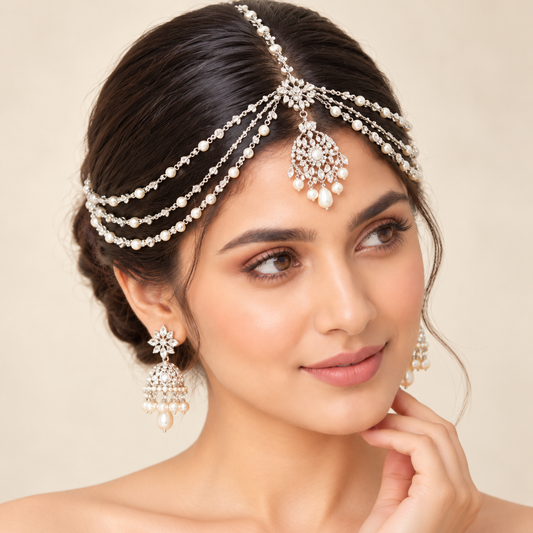 Luxury Silver &amp; Ivory Pearl Bridal Matha Patti Jewelry Set