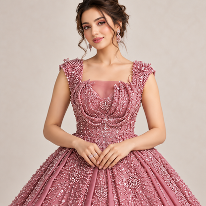 Luxury Dusty Rose Pink Embellished Maxi Dress – Elegant Princess Style