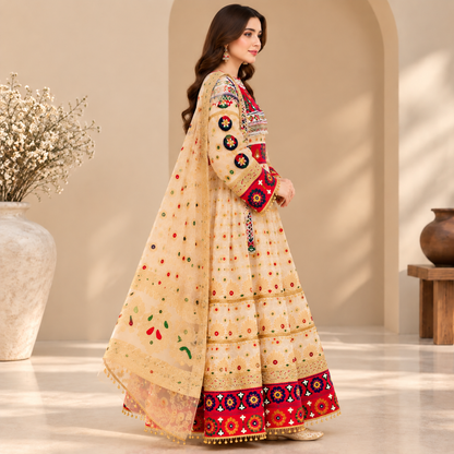 Afghan Traditional Ivory Embroidered Dress – Royal Maroon Heritage Lehenga Suit