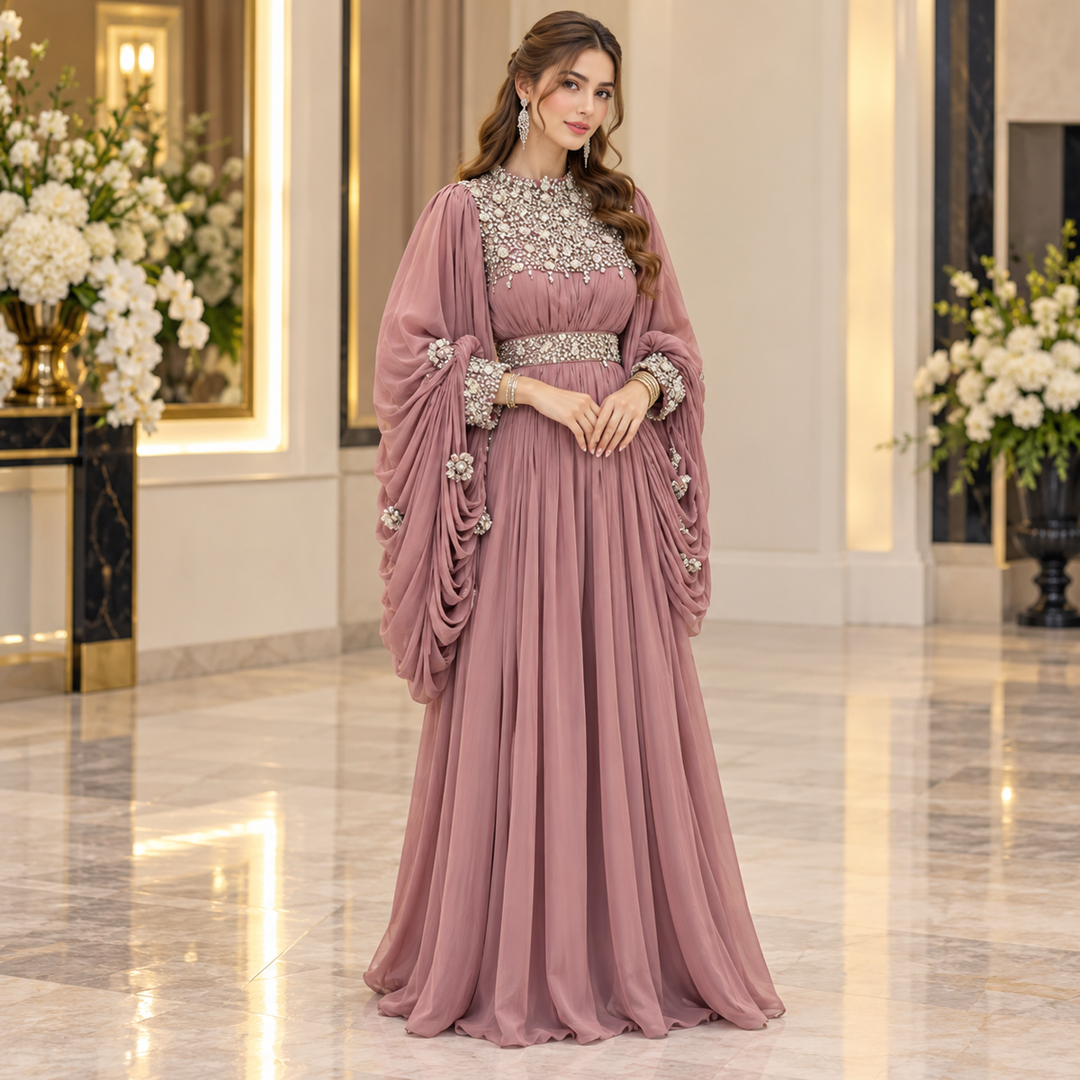 Dusty Rose Luxury Embellished Maxi Dress