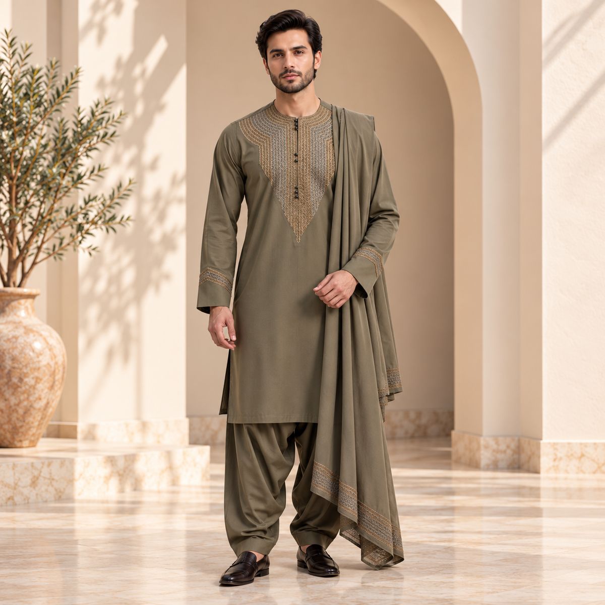 Afghan Royal Heritage Embroidered Shalwar Kameez – Olive Grey