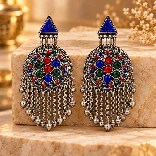 Antique Silver Multicolor Stone Round Chandelier Earrings with Blue Triangle Tops & Bell Danglers