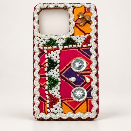 Royal Magenta Handmade Mirror Work Mobile Cover with Pearl Beads & Crystal Embellishments