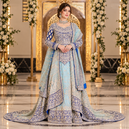 Royal Ice Blue Luxury Embroidered Bridal Lehenga Dress