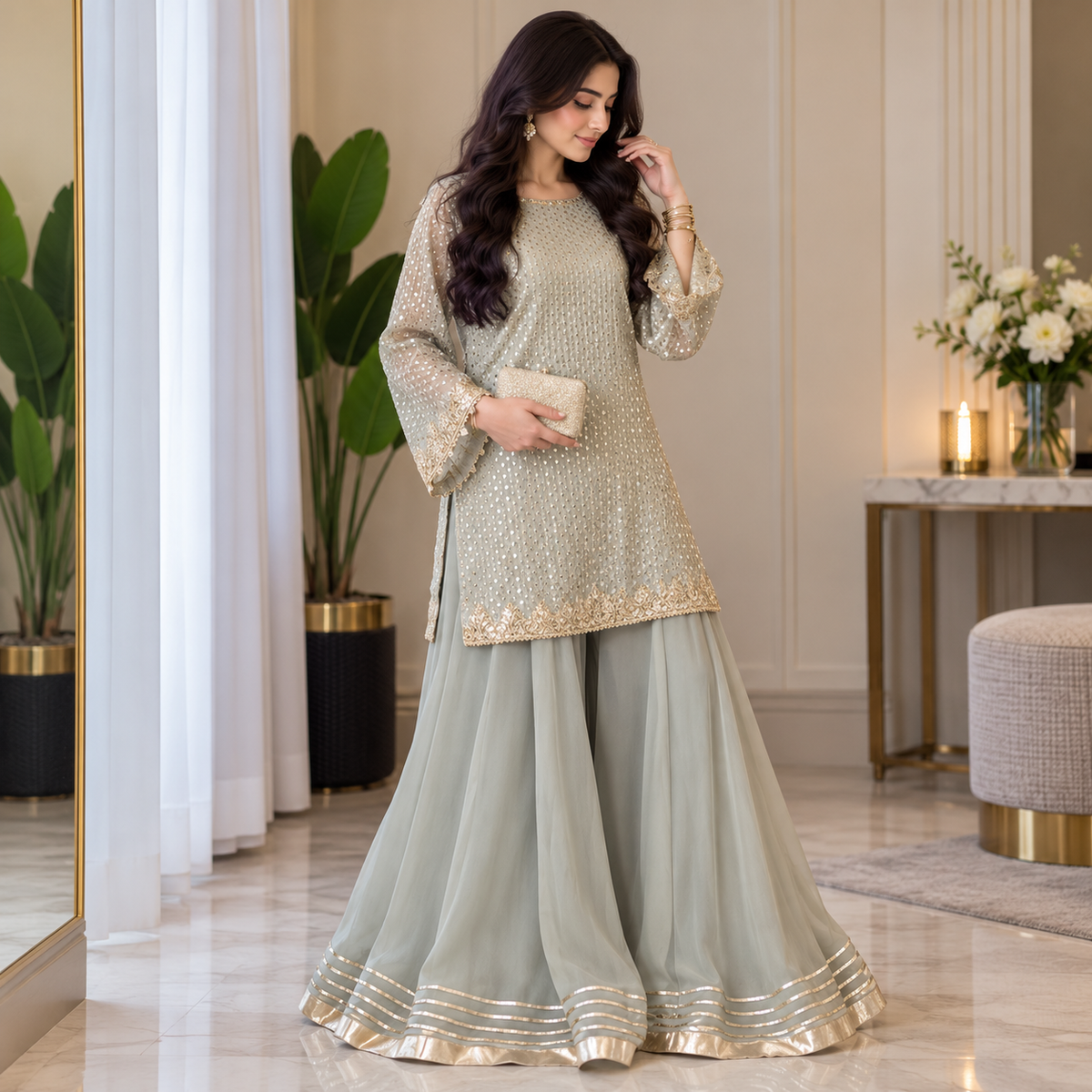 Sage Elegance – Luxury Embellished Party Wear Sharara