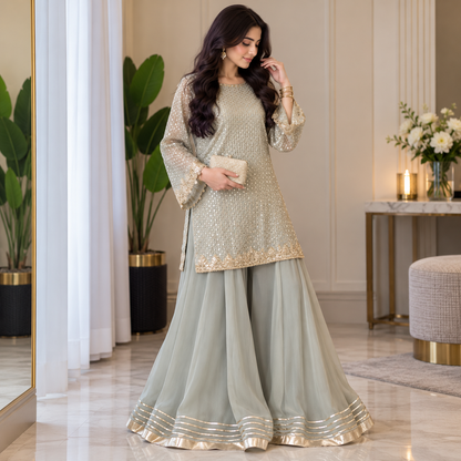 Sage Elegance – Luxury Embellished Party Wear Sharara
