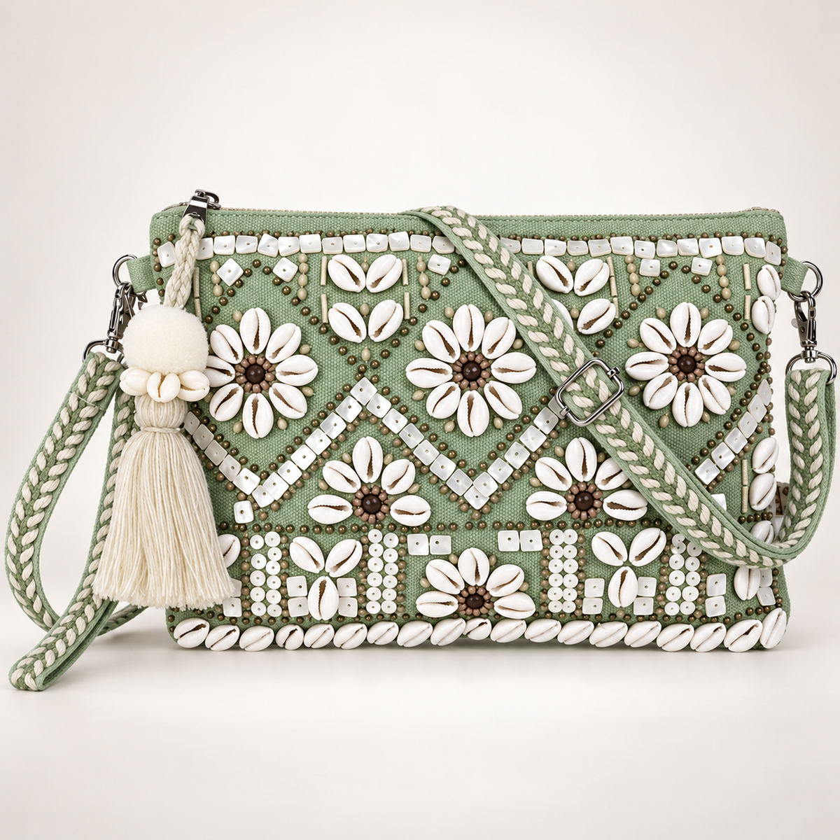 Sage Green Handmade Boho Clutch Bag with Cowrie Shell Flowers, Beadwork & Tassel