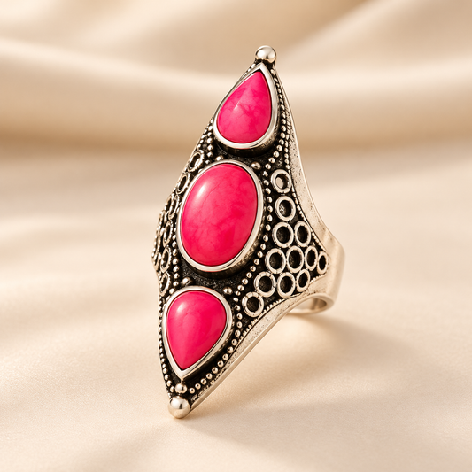 Luxury Ruby Pink Antique Silver Handmade Tribal Statement Ring