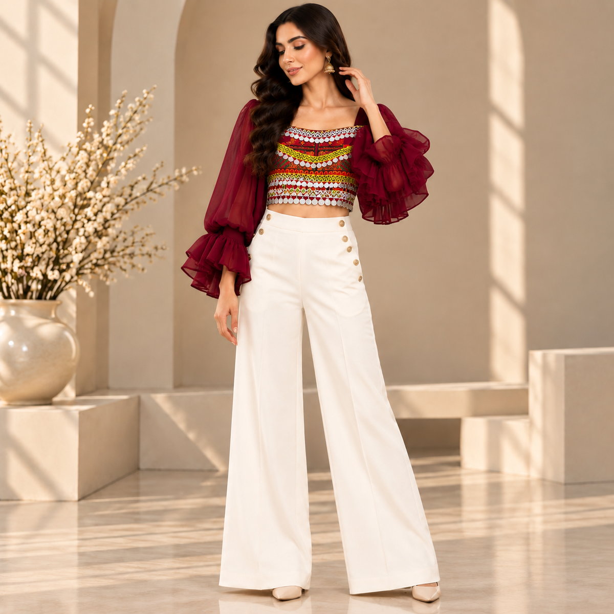 Maroon Heritage Embroidered Crop Top