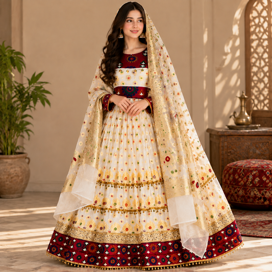 Afghan Traditional White Embroidered Dress – Royal Heritage Gown with Dupatta