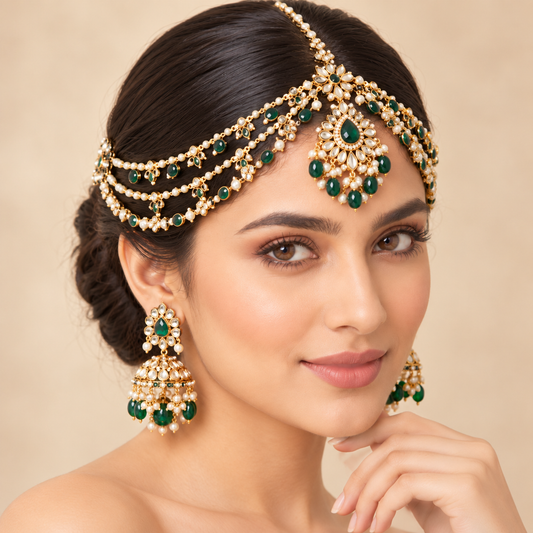 Luxury Emerald Green &amp; Gold Bridal Matha Patti Jewelry Set