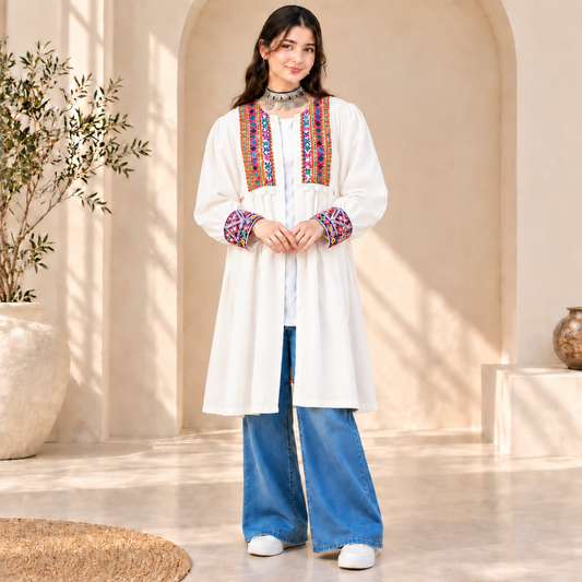 Afghan Heritage White Embroidered Coat