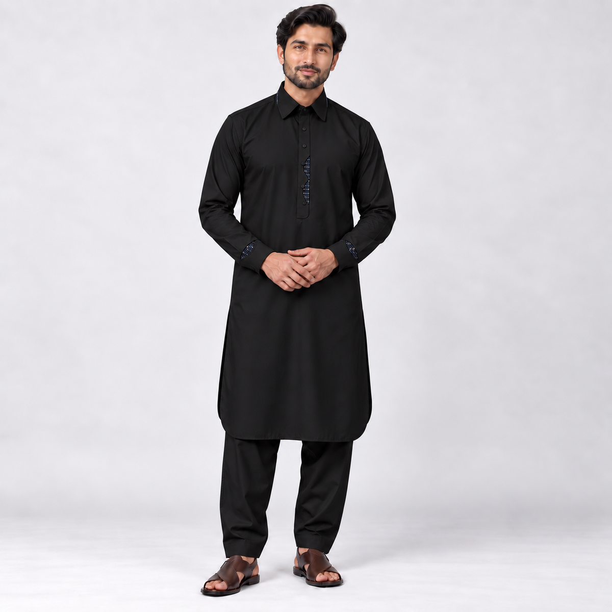 Classic Black Men’s Shalwar Kameez with Contrast Accents