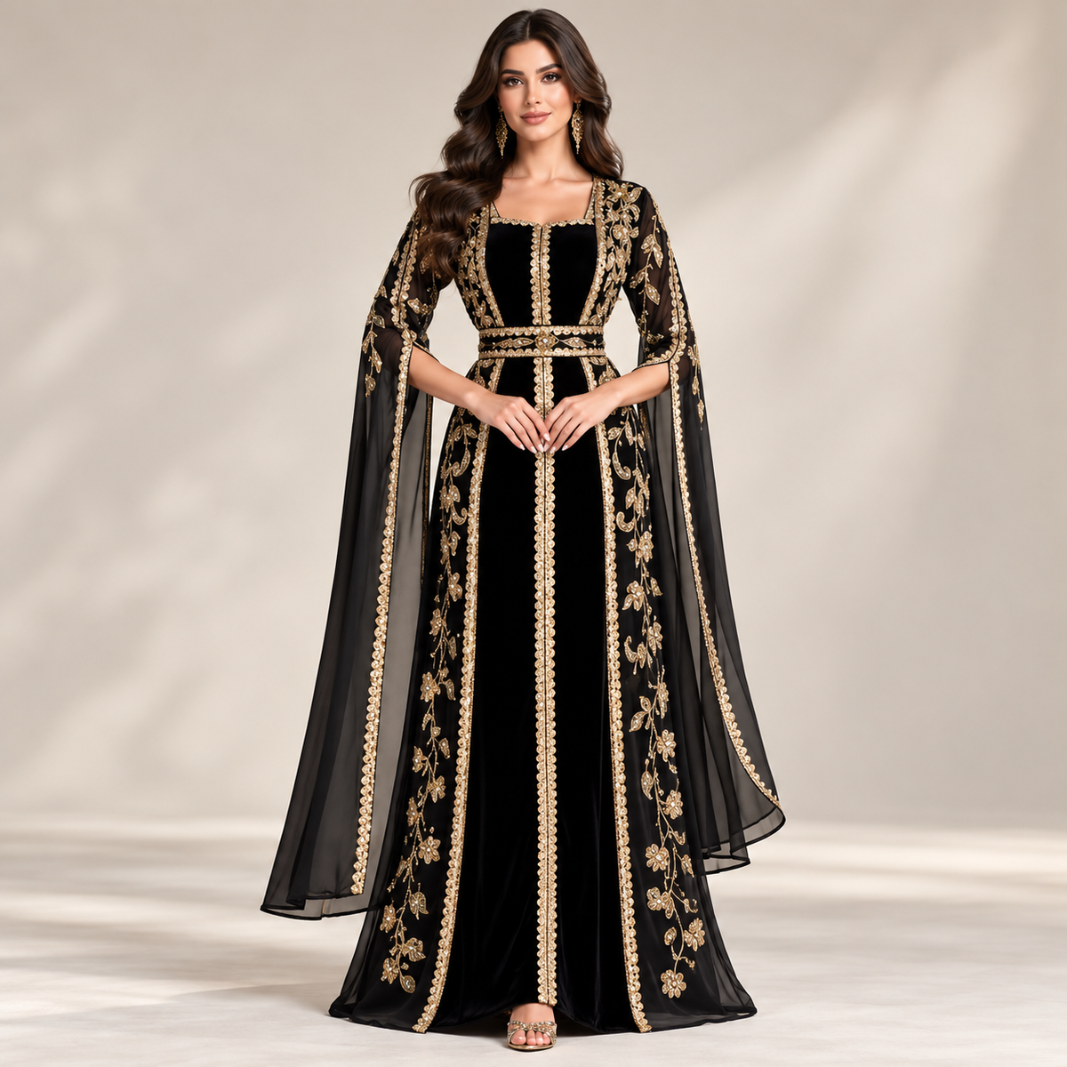 Luxury Black &amp; Gold Embroidered Maxi Dress – Elegant Traditional Formal Wear