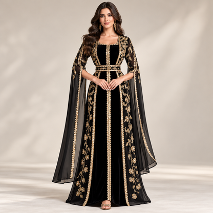 Luxury Black &amp; Gold Embroidered Maxi Dress – Elegant Traditional Formal Wear