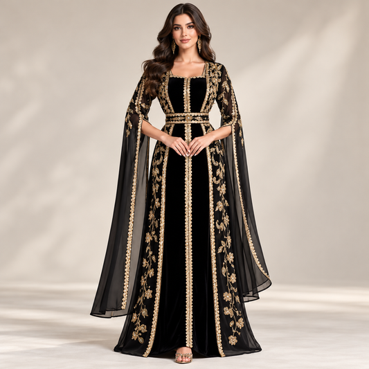 Luxury Black &amp; Gold Embroidered Maxi Dress – Elegant Traditional Formal Wear