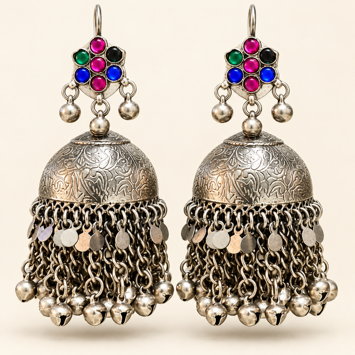 Luxury Multicolor Antique Silver Handmade Traditional Ghungroo Jhumka Earrings