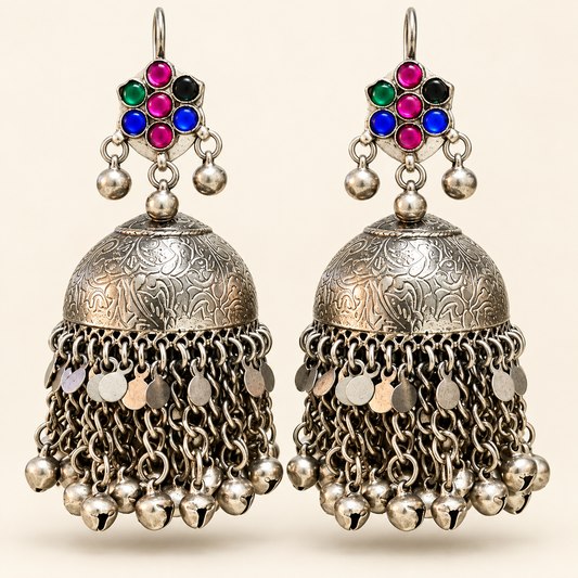 Luxury Multicolor Antique Silver Handmade Traditional Ghungroo Jhumka Earrings