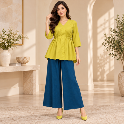 Women's Lime Yellow Peplum Top with Teal Blue Wide-Leg Palazzo Pants – 2 Piece Set