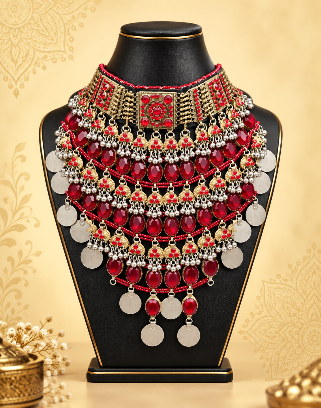 Multicolour Afghan Coin Statement Necklace