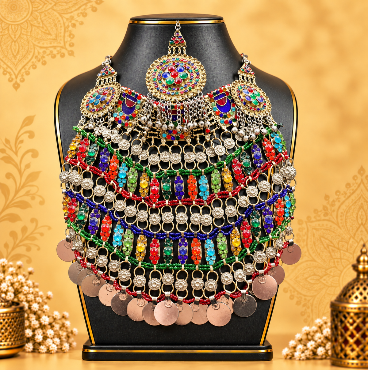Multicolour Afghan Coin Bib Necklace