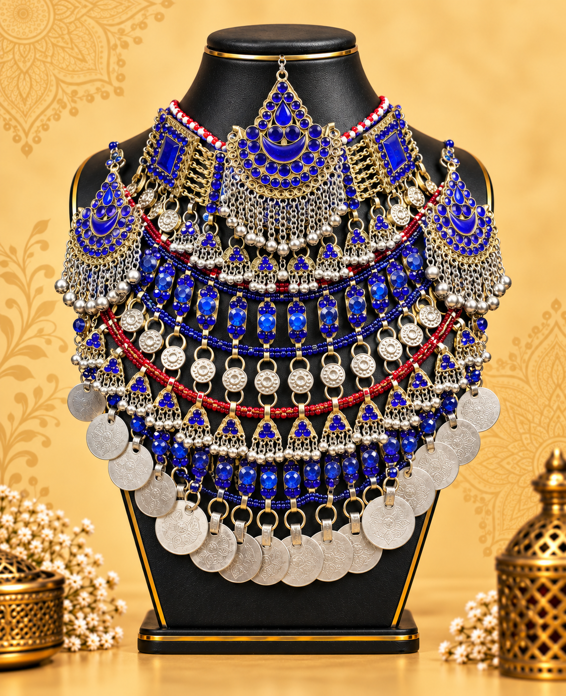 Royal Blue Crescent Afghan Coin Necklace