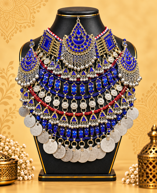 Royal Blue Crescent Afghan Coin Necklace